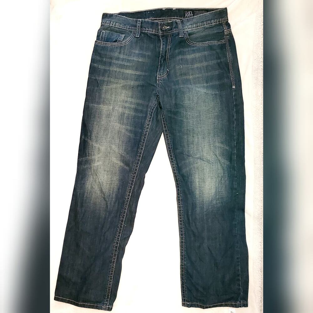 LNew-T.K. Axel Faded Blue Denim Jeans Relaxed Straight Leg Dark Wash W32XL30